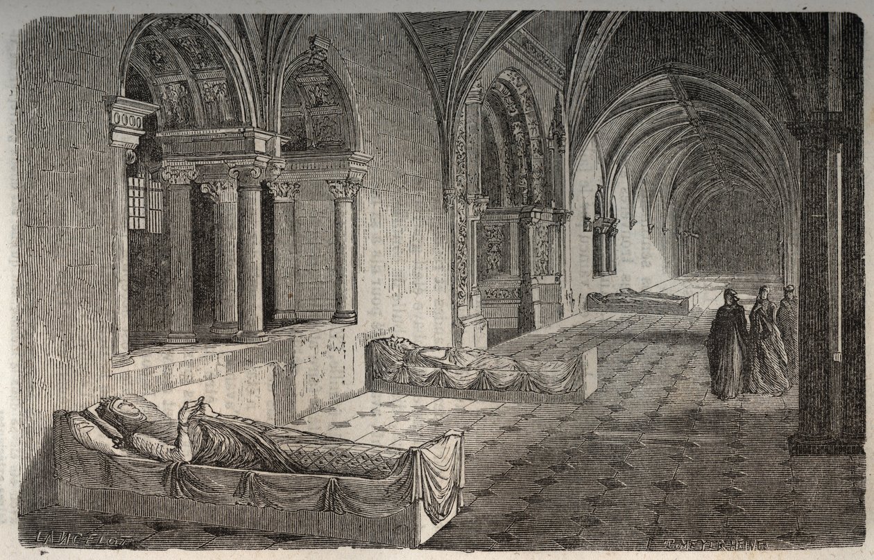 Cloître de Fontevrault avec statues de Henri II - Éléonore de Guyenne - gravure de « Histoire de France » par Victor Duruy (1811-1894) - 1882 - French School