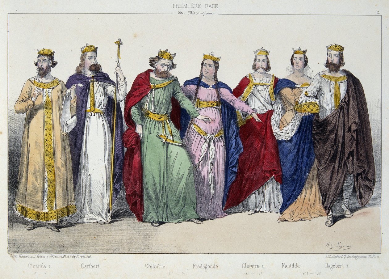 Clotaire I, Caribert, Chilpéric, Frédégonde, Clotaire II, Nantilde, Dagobert I - dans "La monarchie française en estampes" - French School