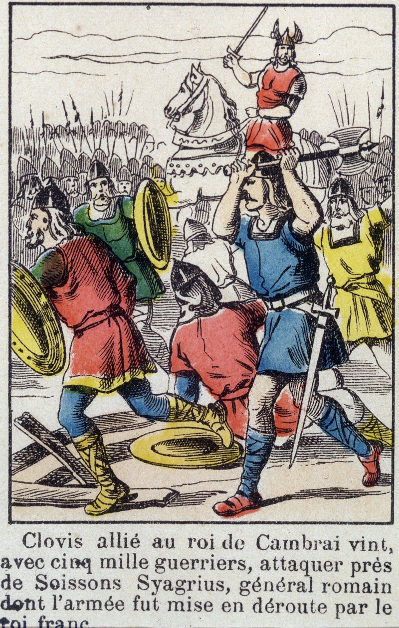 Clovis, allié au roi de Cambrai, vint, avec 5000 guerriers, attaquer près de Soissons Syagrius, le général romain, dont l