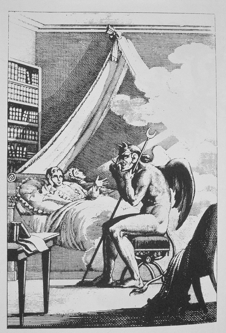 Collin de Plancy (1793-1887) conversant avec le Diable, de Le Diable Peint par Lui-même (1825) illustré dans une histoire de la magie publiée à la fin du 19e siècle - French School