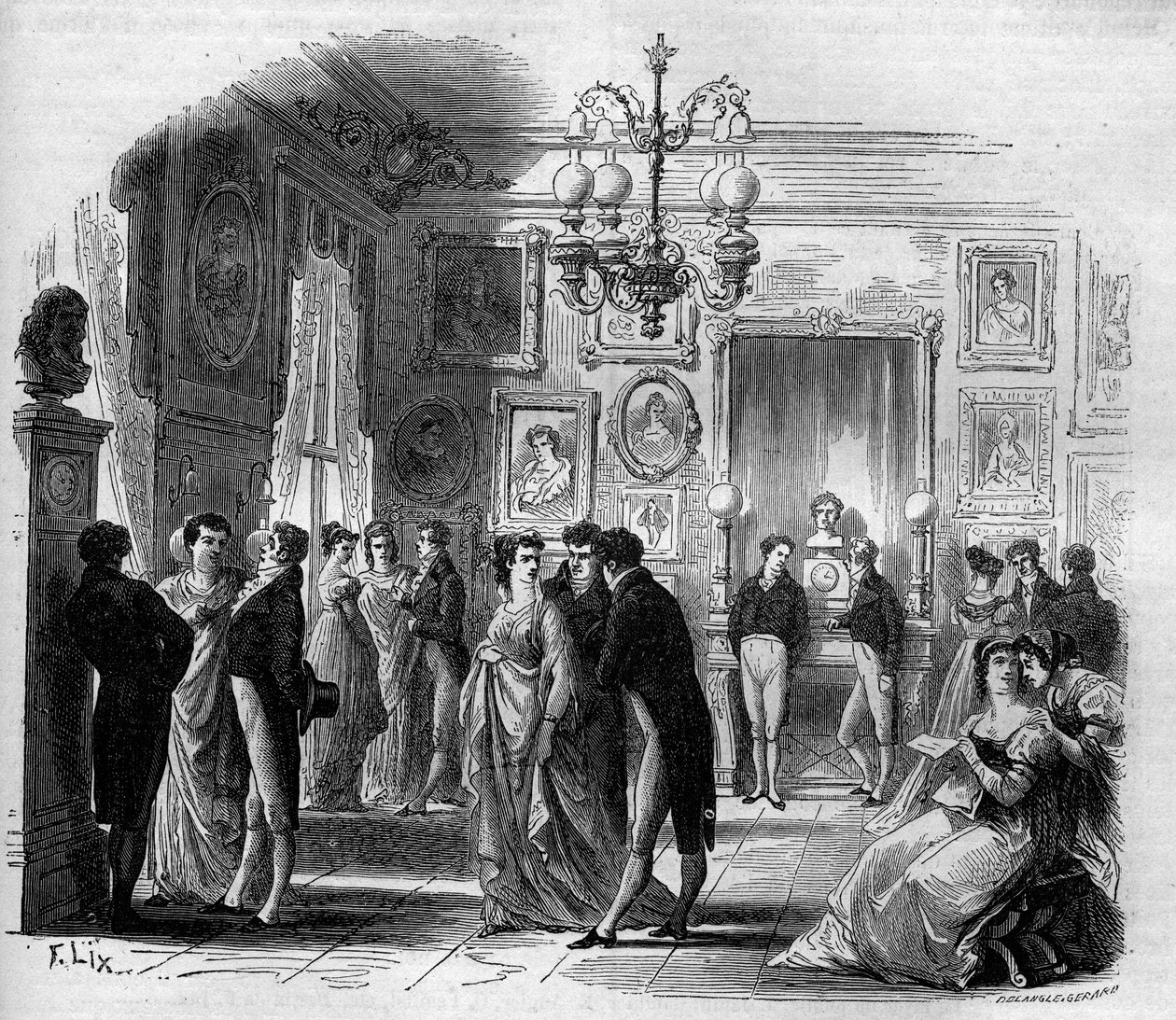 Comédie-Française : vue du foyer des artistes avec les comédiens François-Joseph (François Joseph) Talma (1763-1826) et Anne Boutet, dite Mademoiselle Mars (1779 - 1847), comédienne française. Gravure de 1867-1868. - French School