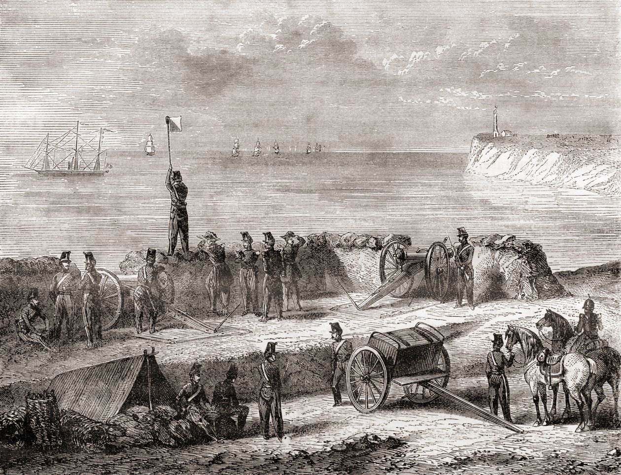 Communication entre un navire entrant au port et les troupes débarquées utilisant le système de télégraphie par sémaphore à drapeaux, tiré de Les Merveilles de la Science, publié c.1870 - French School
