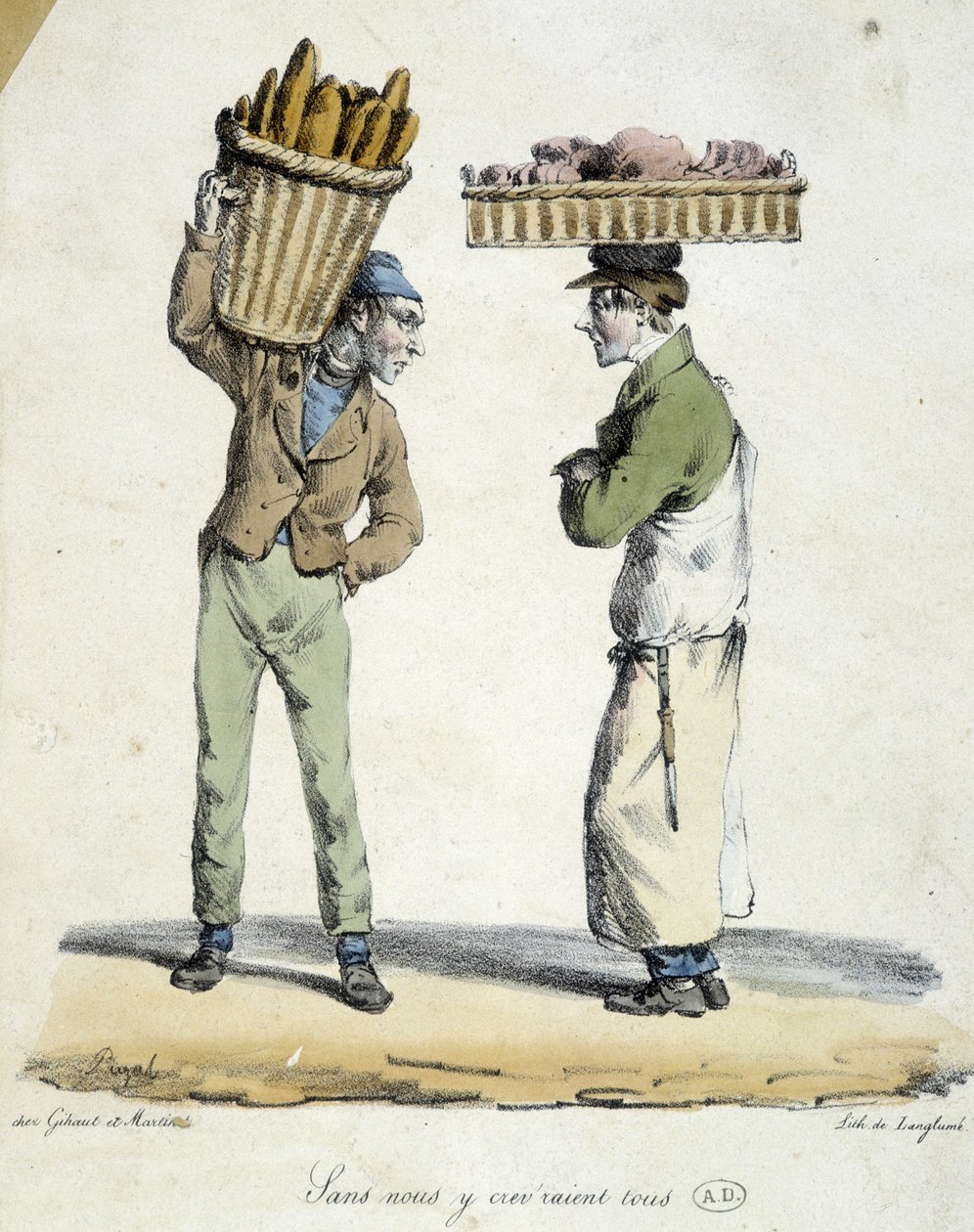 Conversation entre un boulanger et un charcutier : « Sans nous, nous mourrions tous ! » Gravure du 19ème siècle - French School
