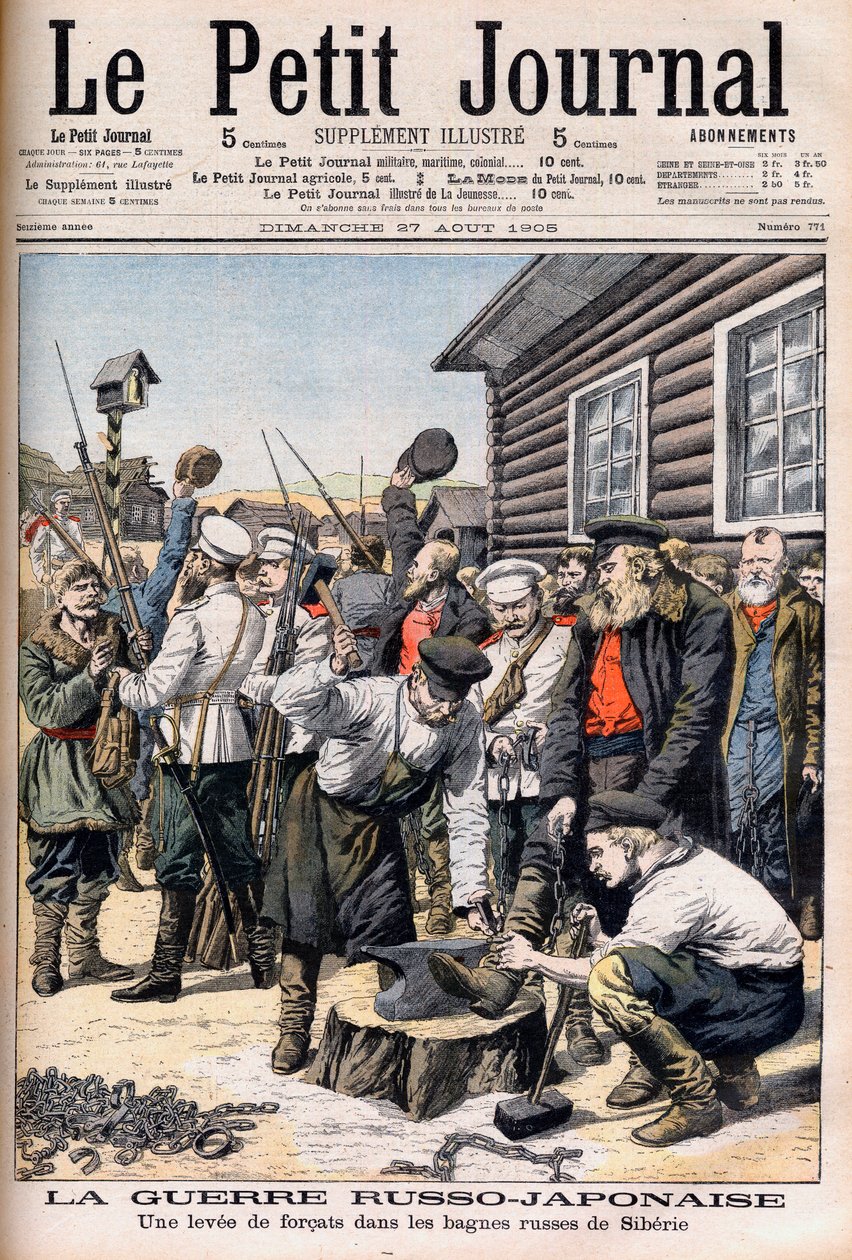 Forçats en Sibérie enrôlés pour combattre dans la guerre russo-japonaise. Guerre russo-japonaise. Une révolte de forçats dans les bagnes russes de Sibérie. Illustration pour Le petit Journal, 27 août 1905. - French School