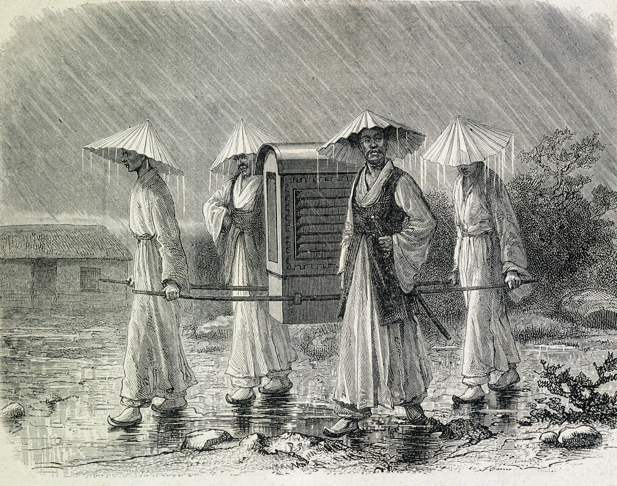 Coréens habillés dans un palanquin (costume de pluie des coréens) portant une chaise. Illustration tirée de «Une expédition en Corée» par M. H. Zuber, ancien officier de marine (1866) - dans «Tour du Monde». - French School