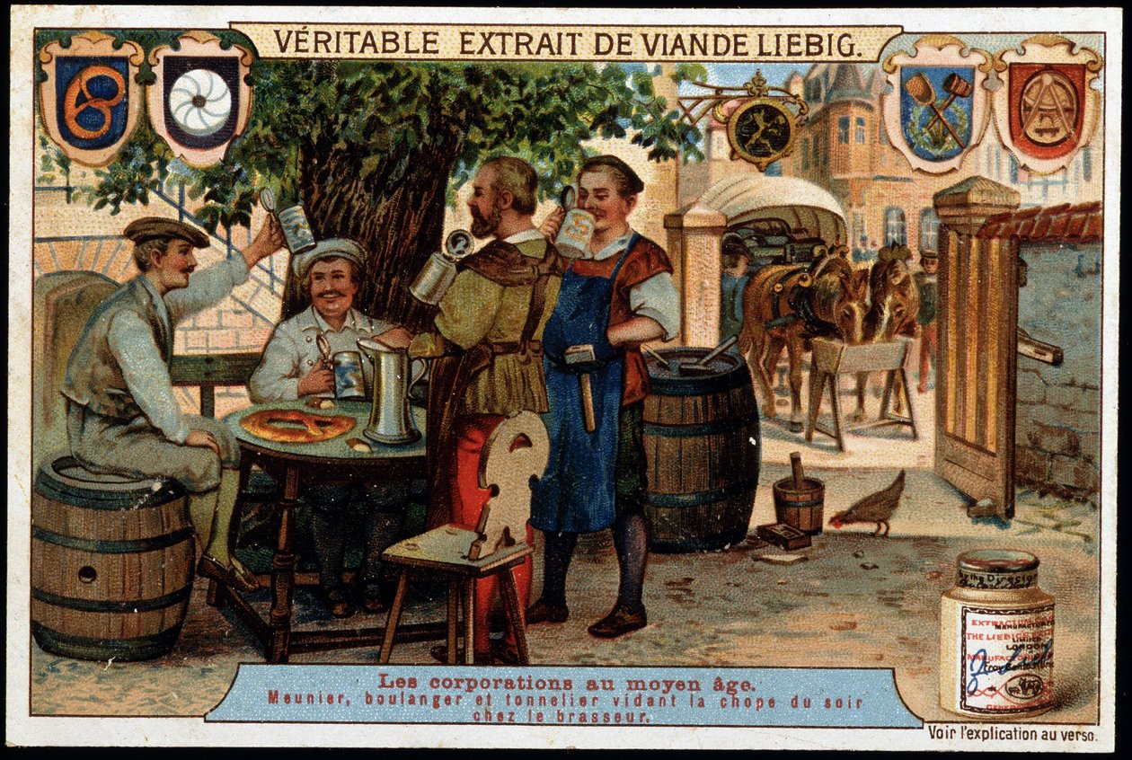 Corporations au Moyen Âge: meunier, boulanger et tonnelier vidant la chope du soir chez le brasseur. Chromolithographie Liebig de la fin du 19e siècle. - French School
