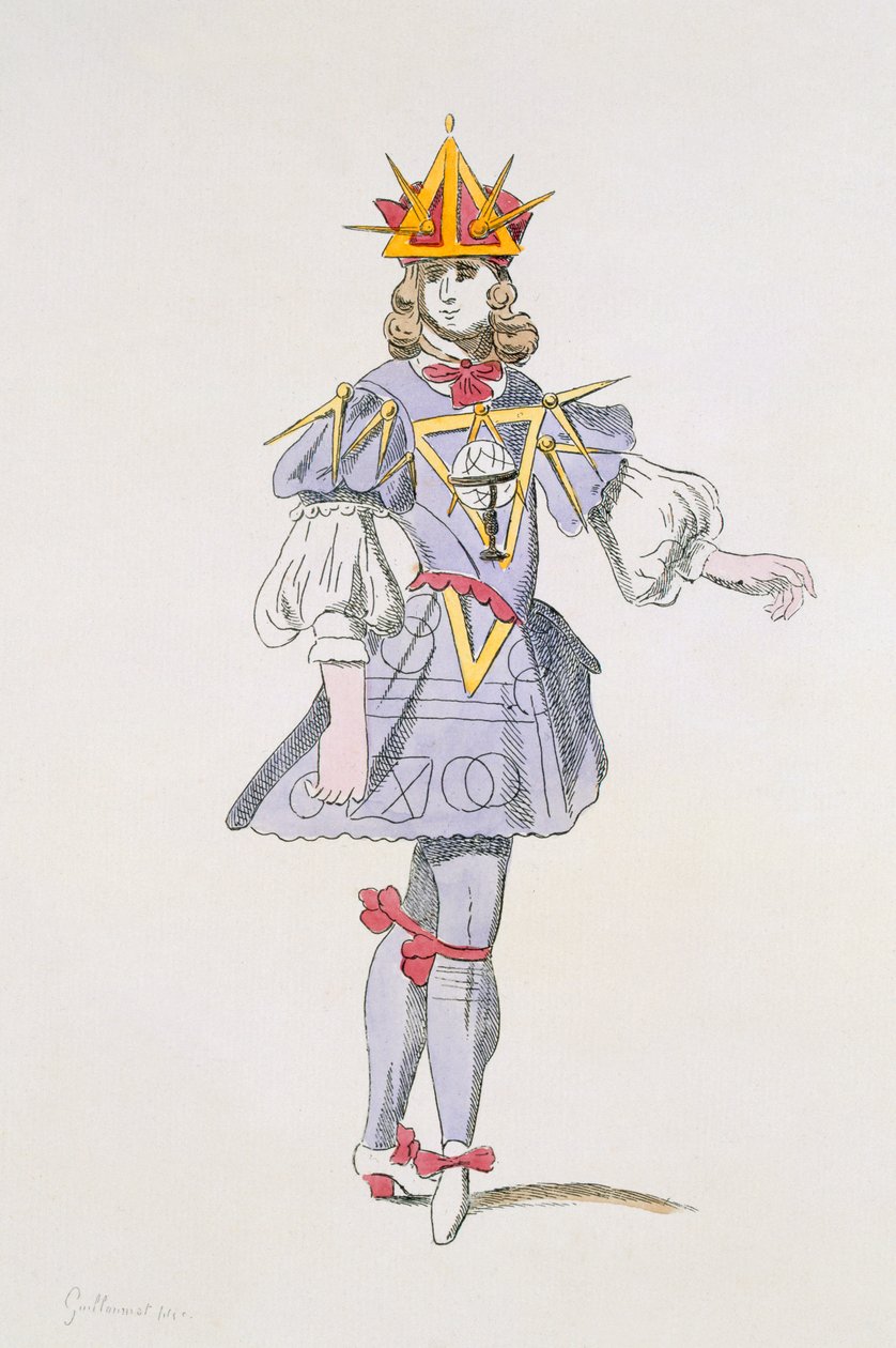 Conception de costume pour la Géométrie dans un ballet de cour du XVIIe siècle, de la collection Menus Plaisirs, fac-similé par A. Guillaumot Fils (gravure en couleur) - French School