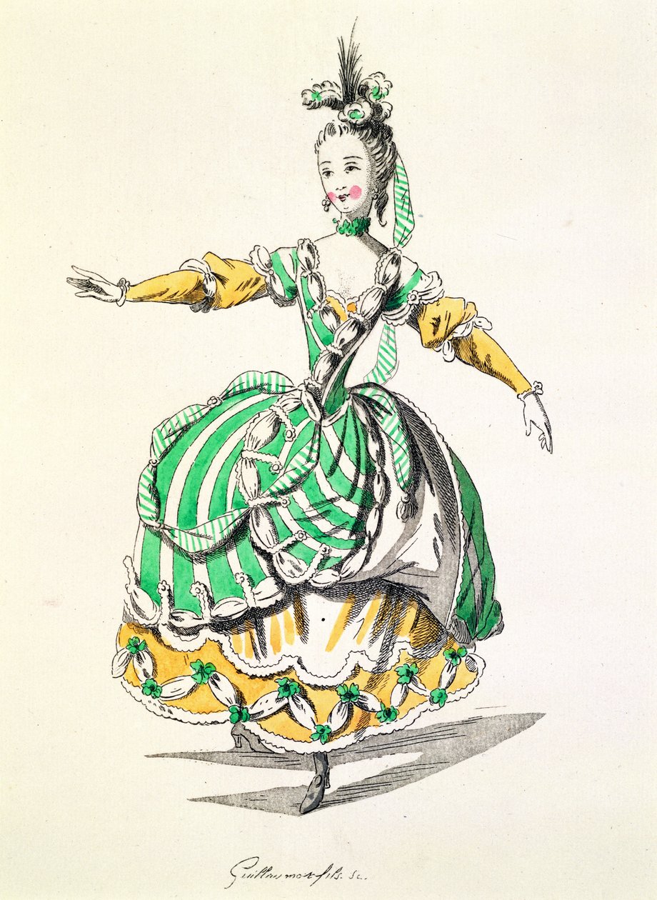 Costume pour Phrygienne, dans Dardanus, un livret de Leclerc de Labruère, composé par Jean-Philippe Rameau (1683-1764) fac-similé par A. Guillaumot Fils (gravure en couleur) - French School