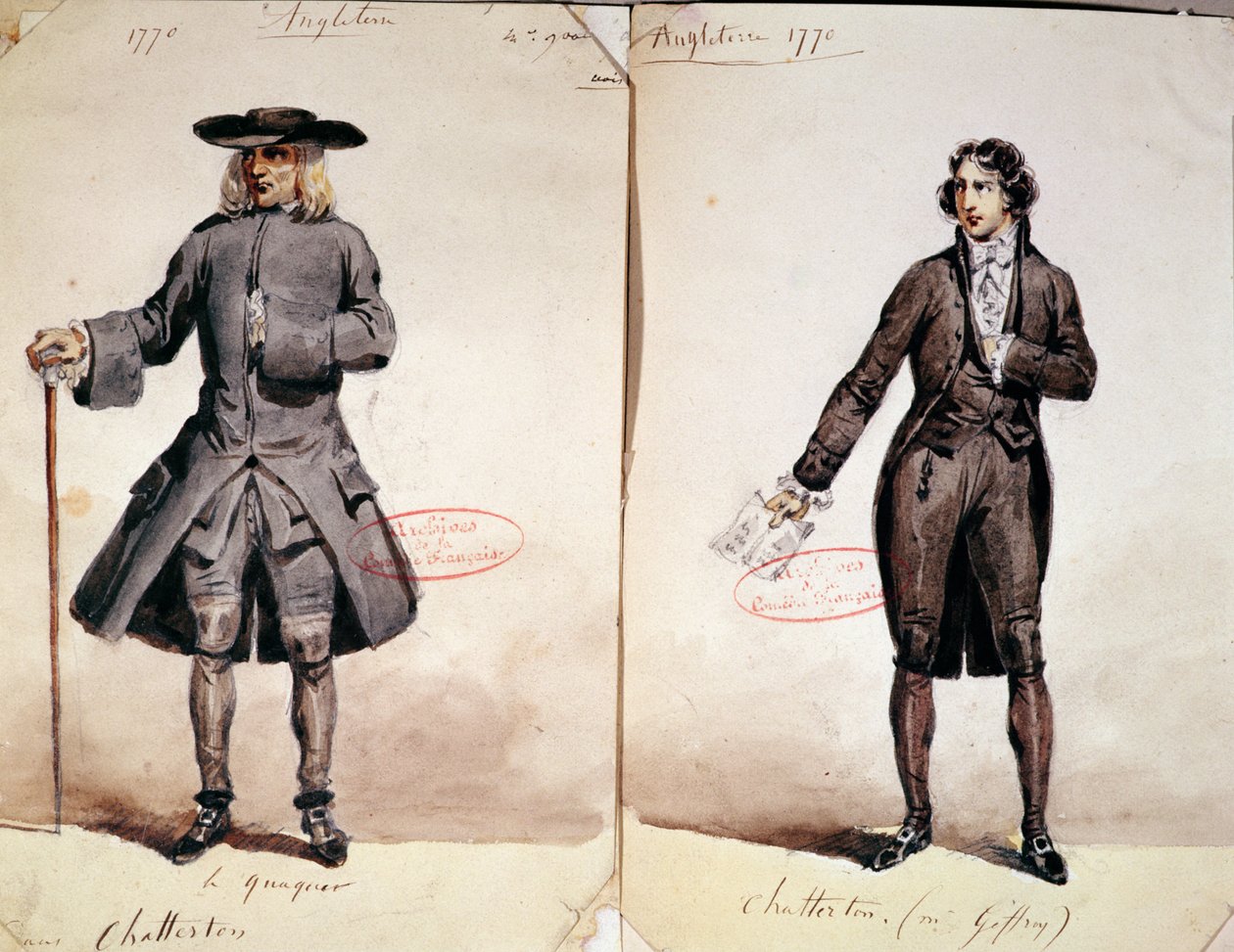 Costume pour la première production de Chatterton par Alfred de Vigny (1791-1863) : le Quaker et Geffroy en Chatterton, 1835 - French School