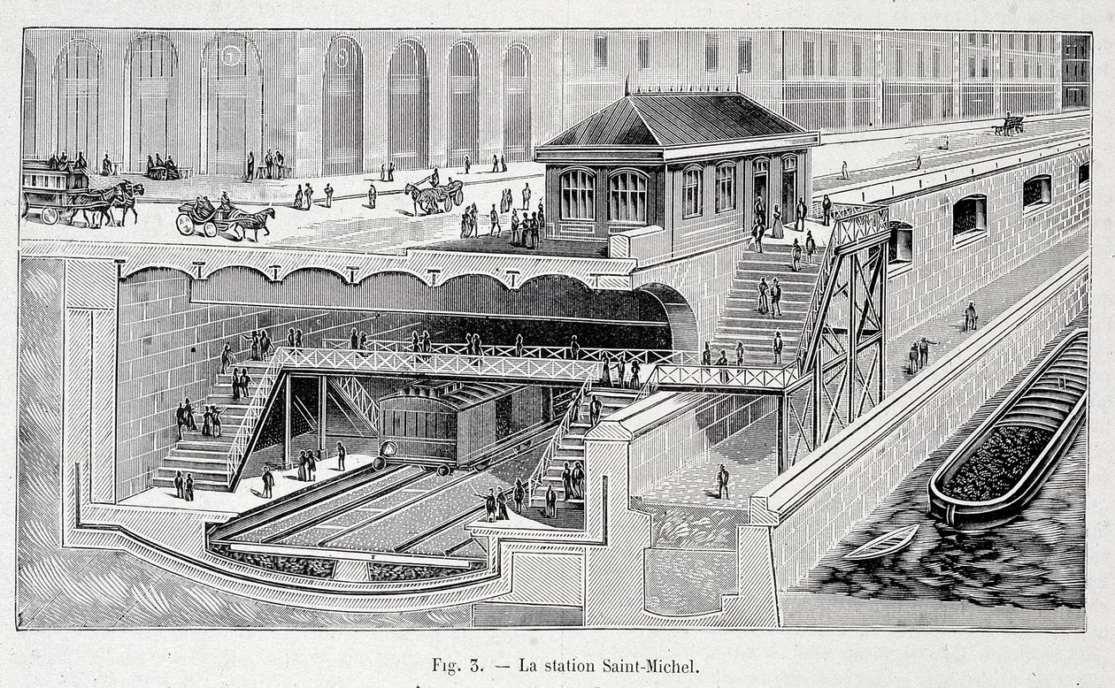 Coupe de la station de métro St Michel à Paris dans "La nature" 1899 - French School