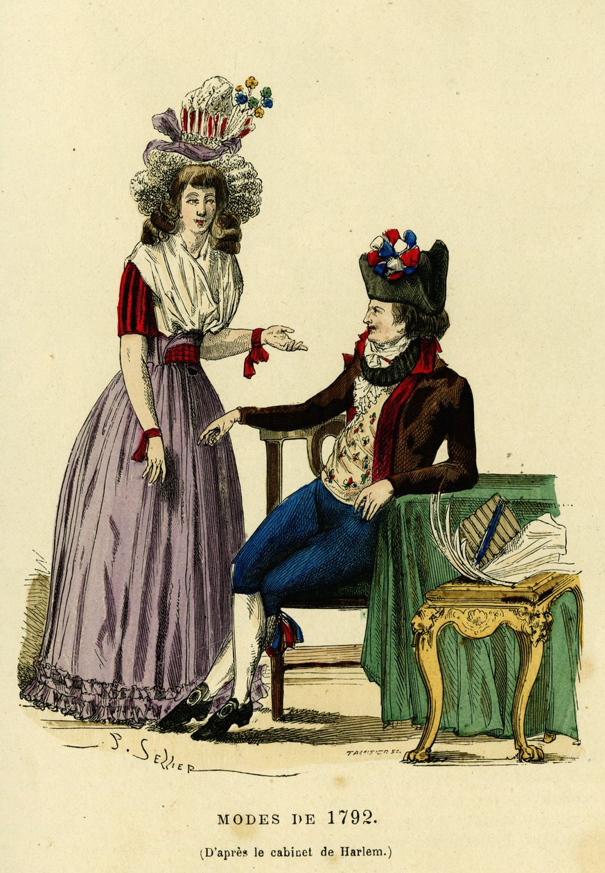 Couple à la mode de 1792. Gravure en couleurs d
