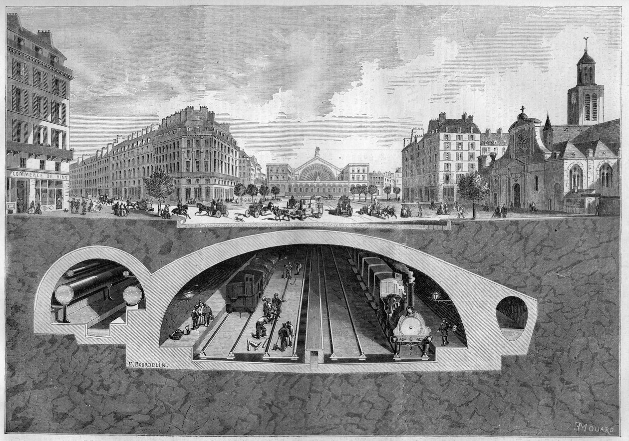 Coupe transversale représentant le projet de chemin de fer souterrain à Paris, de la Villette aux halles centrales, en 1861. Gravure dans « Le Monde Illustré » n°213 du 11 mai 1861. - French School