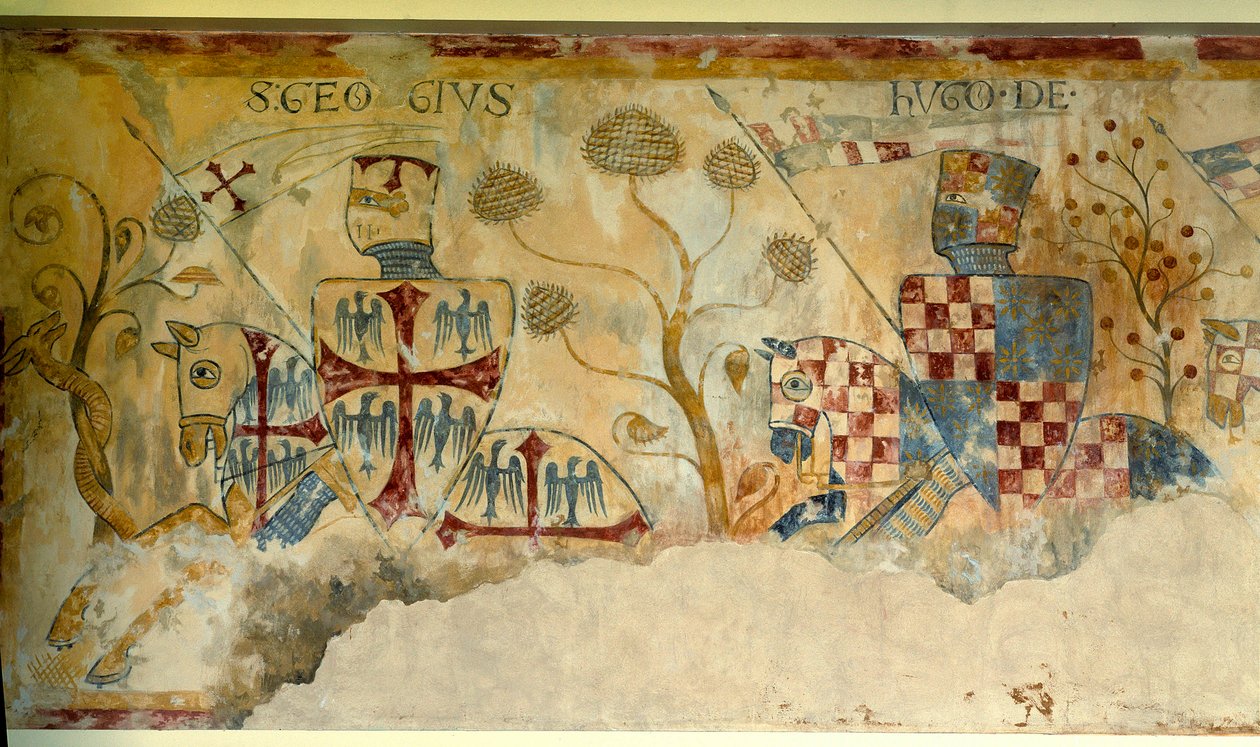 Croisade : départ des Chevaliers pour la Croisade : représentation de Saint Georges et Hugues Ier de Vermandois (1057-1102) (?) ou Hugues XII de Lusignan (?). (détail) - French School