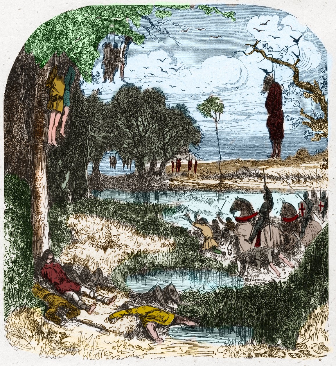 Croisade des Pastoureaux en 1251 : Croisade de "petite gens", paysans ; elle fut provoquée en 1251 par la captivité de Saint Louis lors de la septième croisade. Gravure dans "Histoire De France En Cent Tableaux" par Paul Lehugeur - 1891 - French School