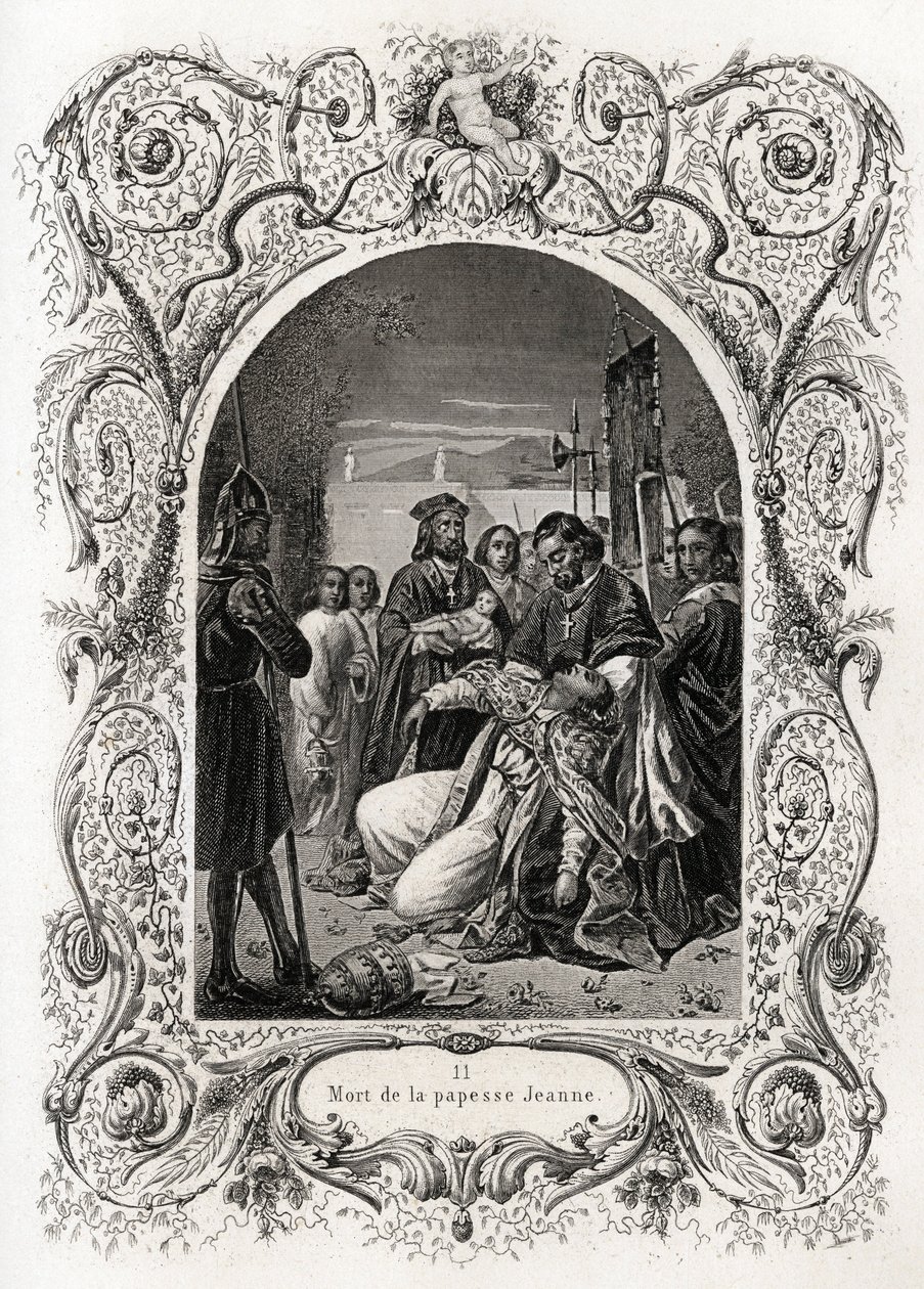 Mort de la Papesse Jeanne (pontificat de 855 à 858). Gravure pour illustrer Histoire des papes par Maurice Lachatre (1814-1900), librairie du progrès, Paris - French School