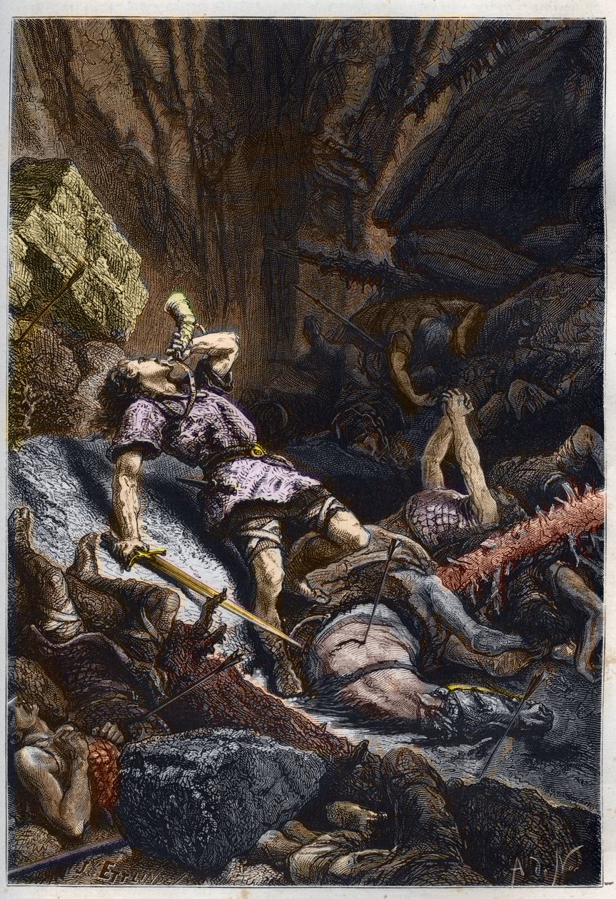 Mort du chevalier Roland, neveu de Charlemagne, à la bataille de Roncevaux (778) opposant l