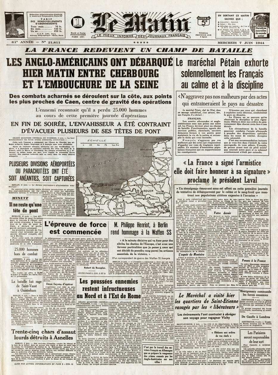 Débarquement de Normandie juin 1944 - Débarquement de Normandie 6 juin 1944 (Jour J) - Le matin, jeudi 7 juin 1944, les Anglo-Américains sont partis hier matin entre Cherbourg et l