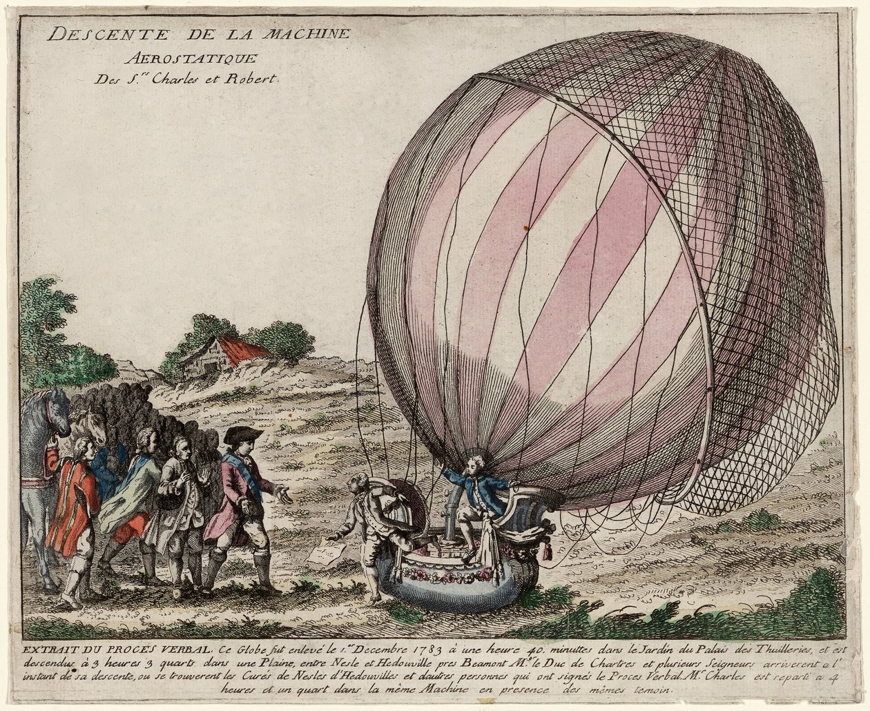Descente de la Machine Aérostatique des Srs. Charles et Robert, pub. 1783 - French School