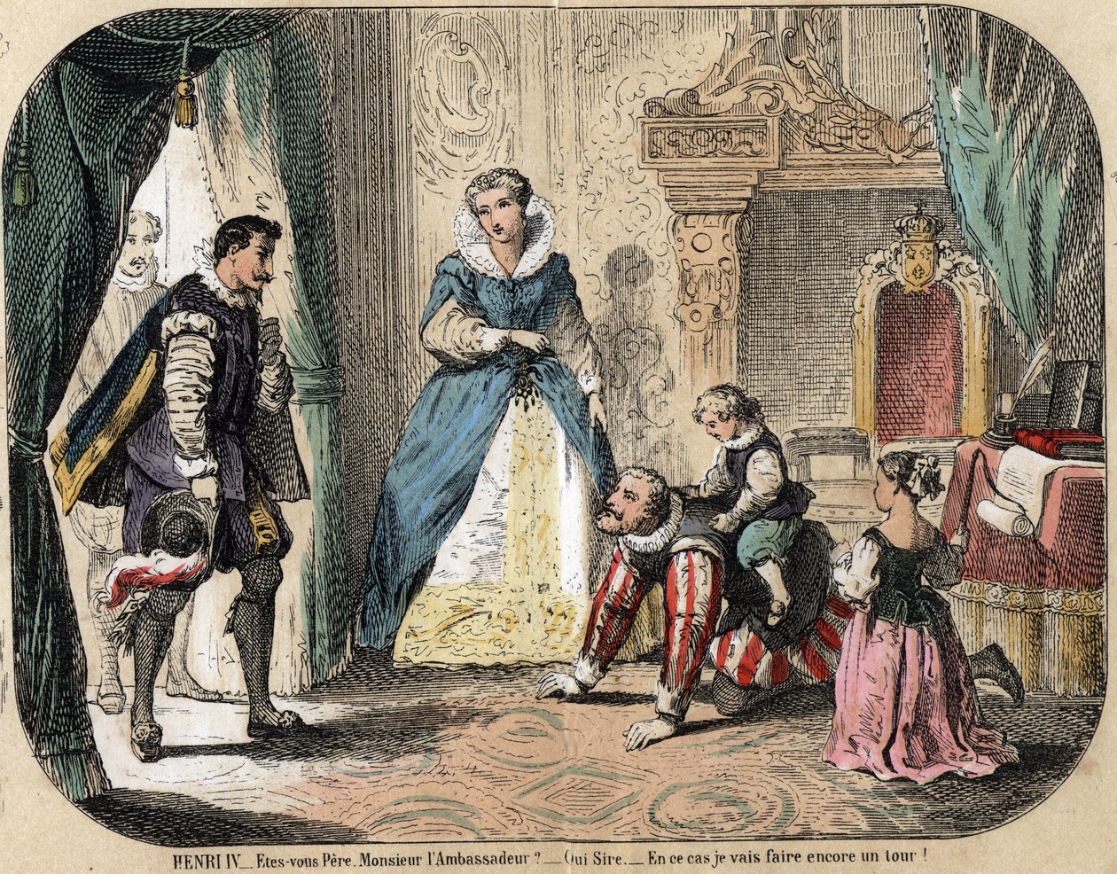 Description des loisirs et jeux des enfants : le roi de France Henri IV (1553-1610) jouant avec ses enfants (probablement Louis XIII et Élisabeth de France) devant l