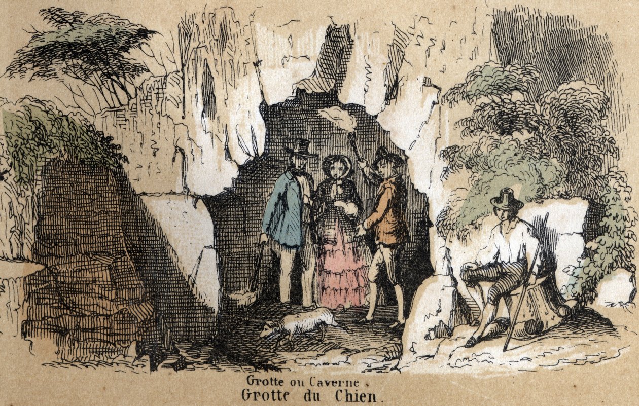 Description des différents types de paysages et reliefs selon la géographie : détail représentant des visiteurs dans la grotte du chien. Planche "Géographie physique" dans "Les Récréations instructives" par Jules Delbruck - French School
