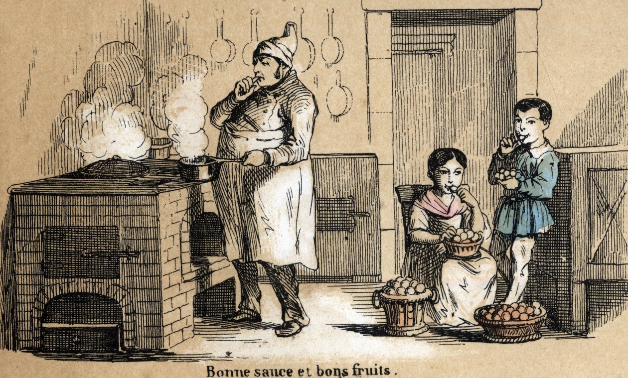 Les cinq sens : (détail) le goût, un cuisinier savoure sa sauce et des enfants croquent des fruits. Planche « Les cinq sens » dans « les Récréations instructives » - French School