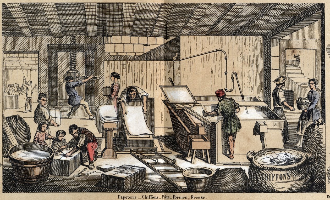 Les divers produits et usages du papier : activités dans une papeterie, fabrication de papier à partir de chiffons, pâte, formes et presse. Planche « Le papier et ses produits » dans « les Récréations instructives » - French School
