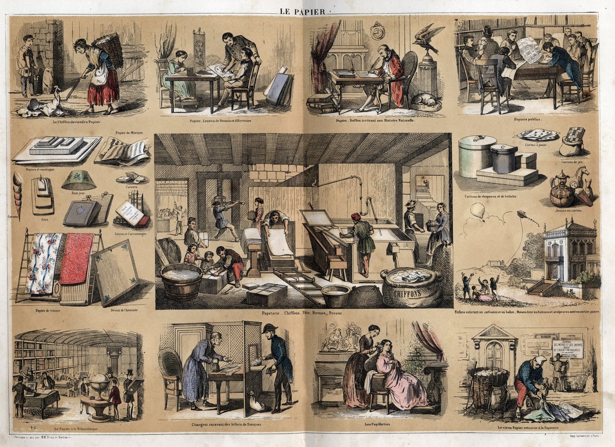 Description des différents produits et usages du papier : au centre des activités dans une papeterie, fabrication de papier à partir de chiffons, pâte, formes et presse. Divers usages, papier à dessin, Buffon écrivant son Histoire naturelle, lecture de jo - French School