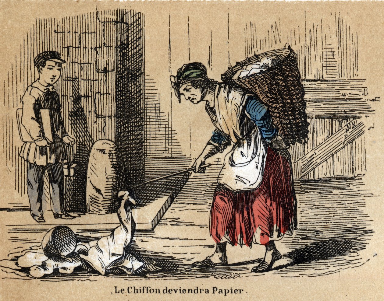 Description des divers produits et usages du papier : la collecte de vieux chiffons pour fabriquer du papier. Planche "Le papier et ses produits" dans "Les Récréations instructives" par Jules Delbruck - French School