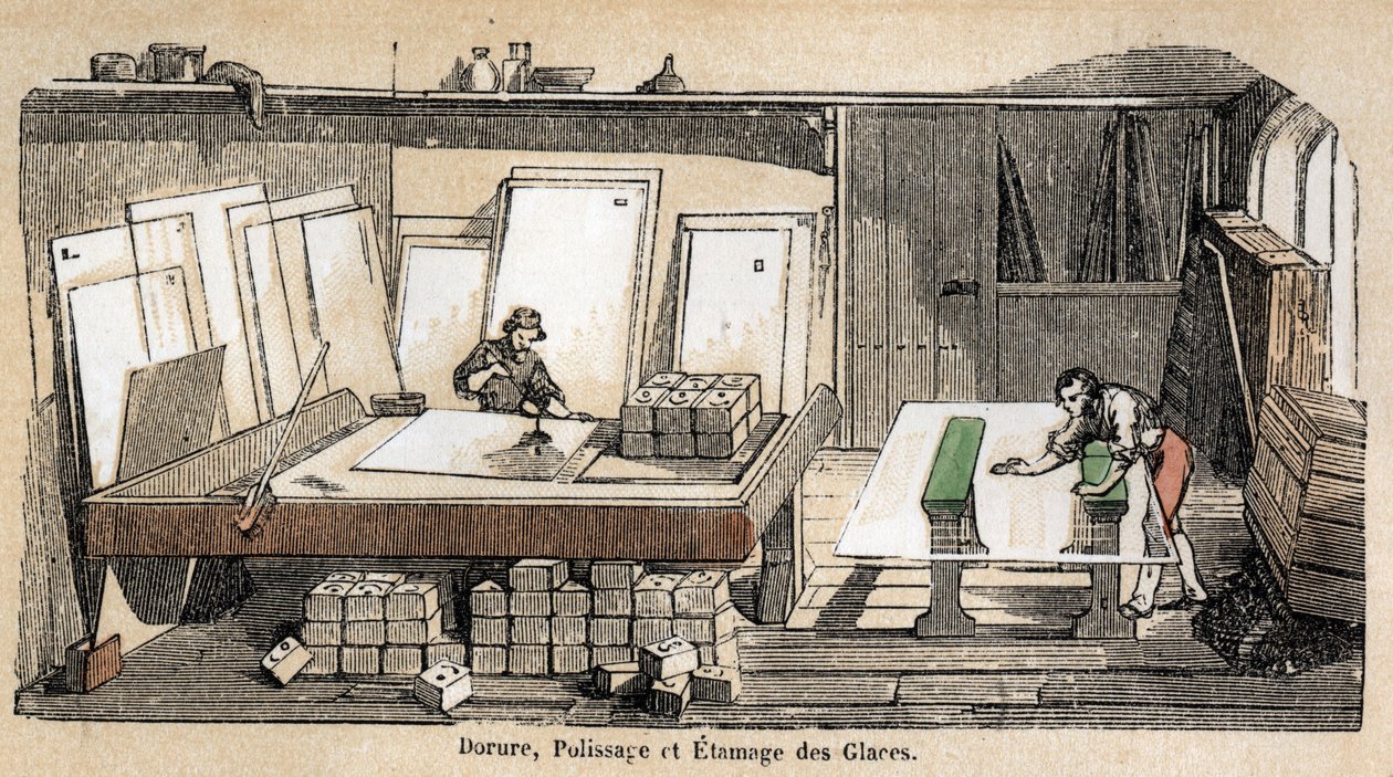 Description des différentes étapes de fabrication et usages du verre : un atelier de dorure, polissage et estampage du verre. Planche "Le verre et ses produits" dans "Les Récréations instructives" peinture synoptique de Jules Delbruck, gravure de 1860. Col - French School
