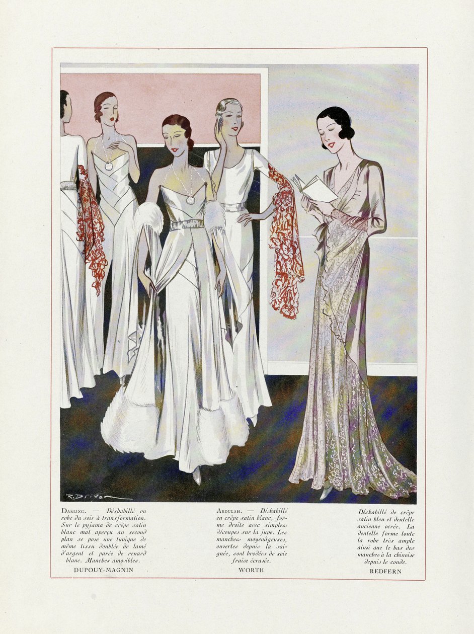 Dessin de robes de soirée par Depouy-Magnin, Worth et Redfern, tiré de Art, Gout, Beaute, pub. 1931 (lithographie couleur) - French School
