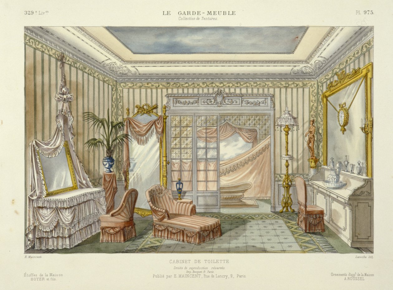 Projet de salle de bains du Garde-Meuble, Pub. Paris, vers 1890 (lithographie couleur) - French School