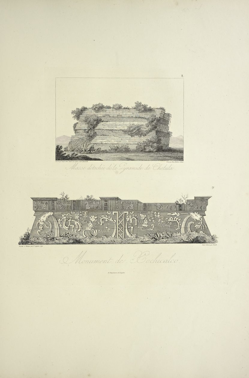 Masse détachée de la pyramide de Cholula et monument de Xochicalco, illustration tirée de 