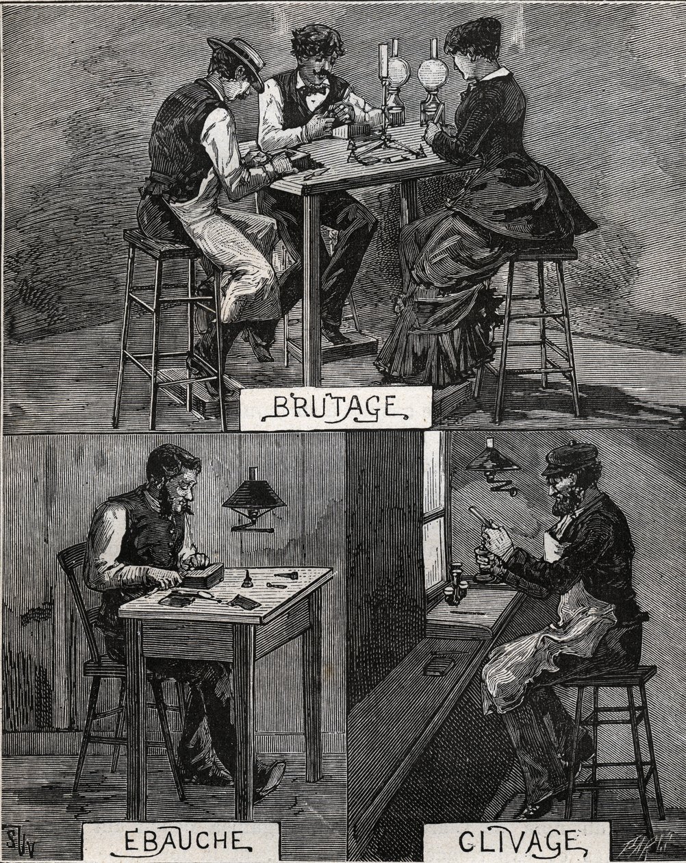 Taille de diamants, son, brut et clivage. Gravure de 1885 dans « Les arts et métiers illustrés » par Adolphe Bitard. - French School
