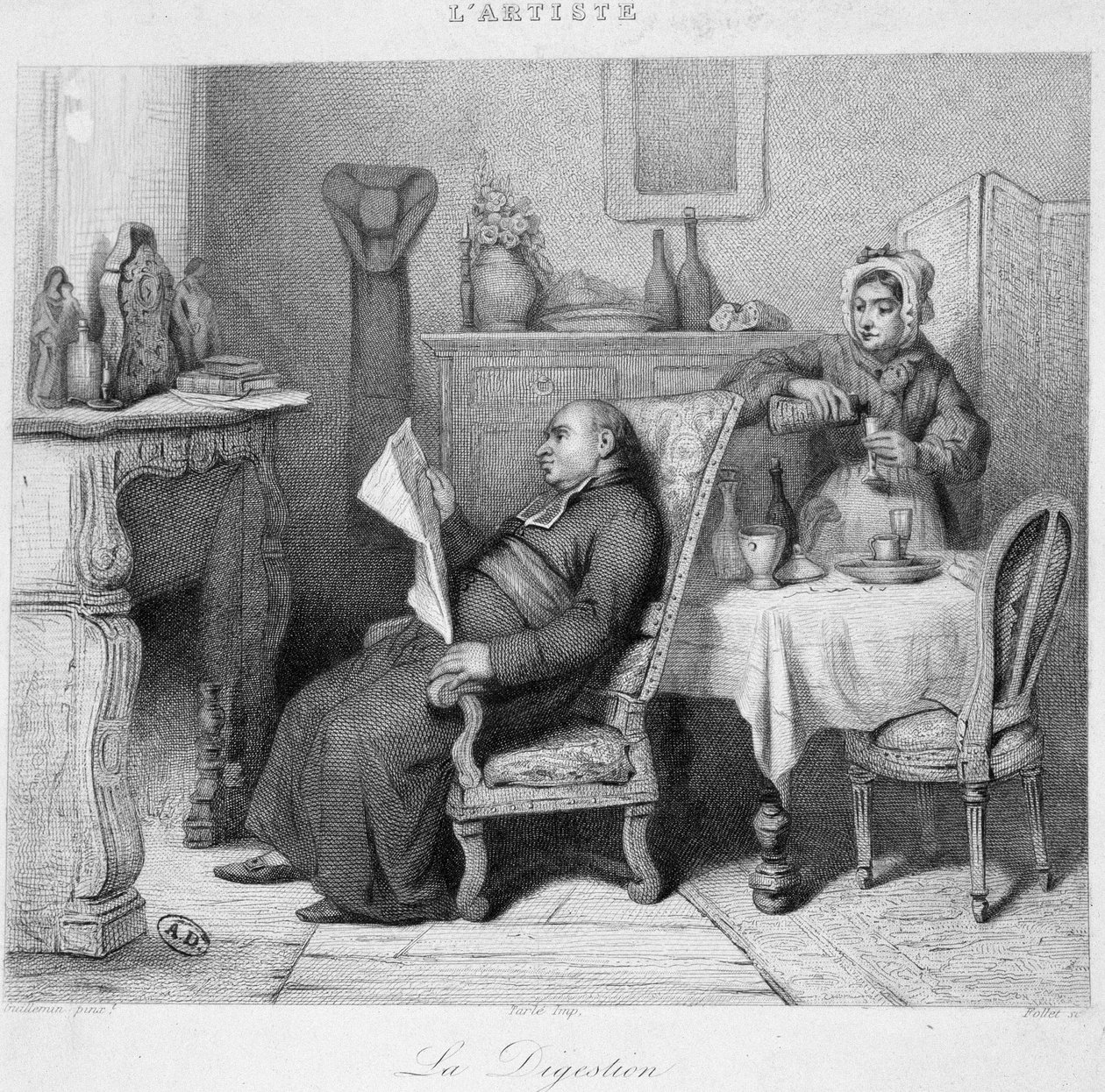 Digestion : prêtre lisant son journal devant la cheminée tandis que sa servante lui sert un digestif - gravure - French School