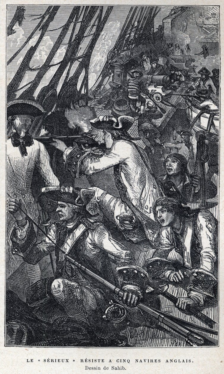 Jacques Pierre de Taffanel de la Jonquière (1685-1752), officier de marine français à la tête du navire français "Le sérieux" résistant à cinq navires anglais. Dessin de Sahib. Gravure de la fin du XIXe siècle dans "La nouvelle France" par Eugène Guenin - French School