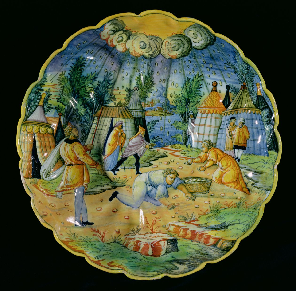 Plat représentant la collecte de la manne, fabriqué à Nevers ou Lyon - French School