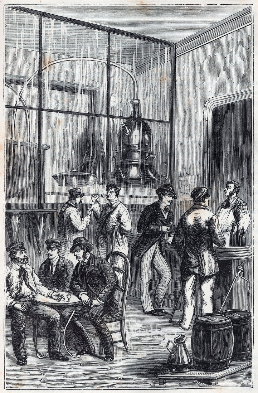 Atelier de distillateur à Paris au XIXe siècle - Gravure dans « Les sciences mises à la portée de tous - physique et chimie » par Alexis Clerc - Fin XIXe siècle - Collection privée - French School