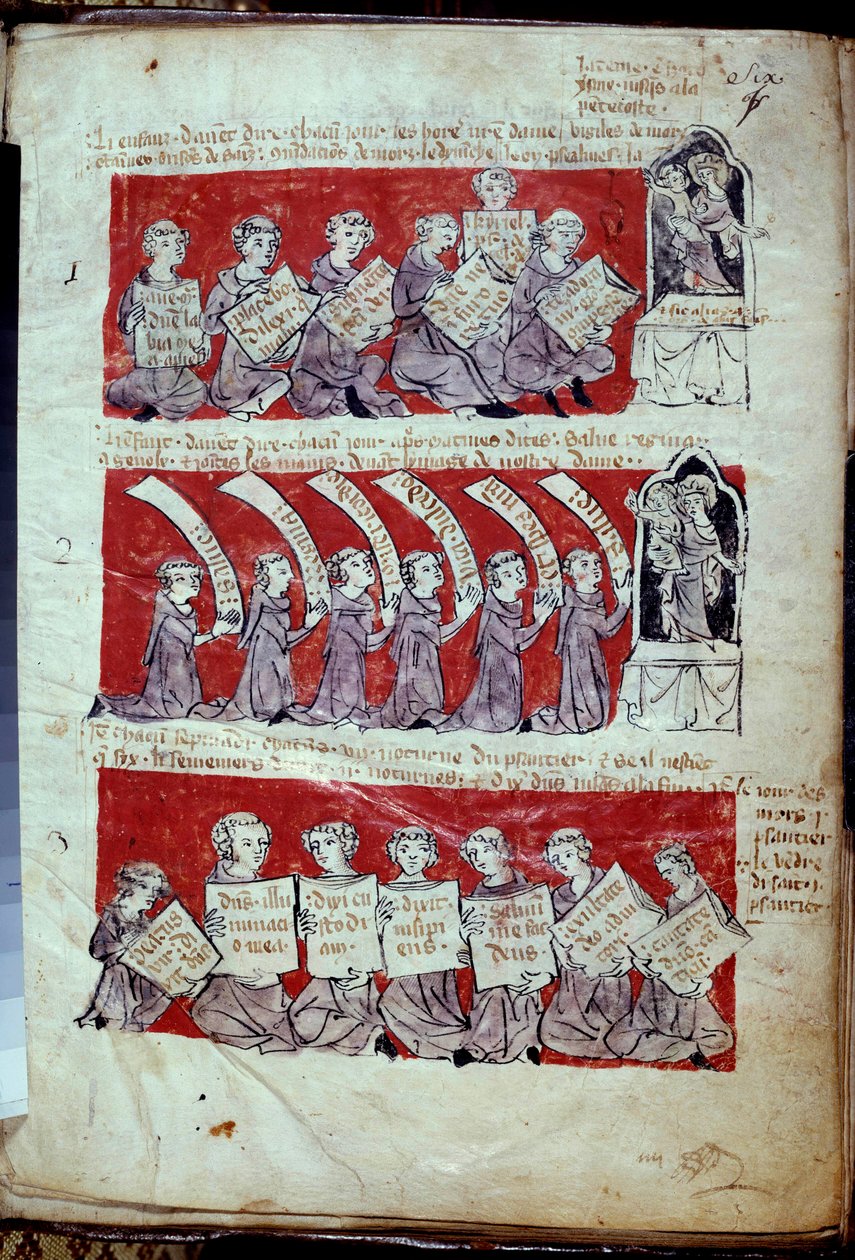 Distribution de vêtements et de nourriture aux pauvres, scènes de vie des étudiants du collège de Hubant, destiné à accueillir les étudiants pauvres qui ne pouvaient pas rester dans le Quartier Latin. Les étudiants en échange de logement et d