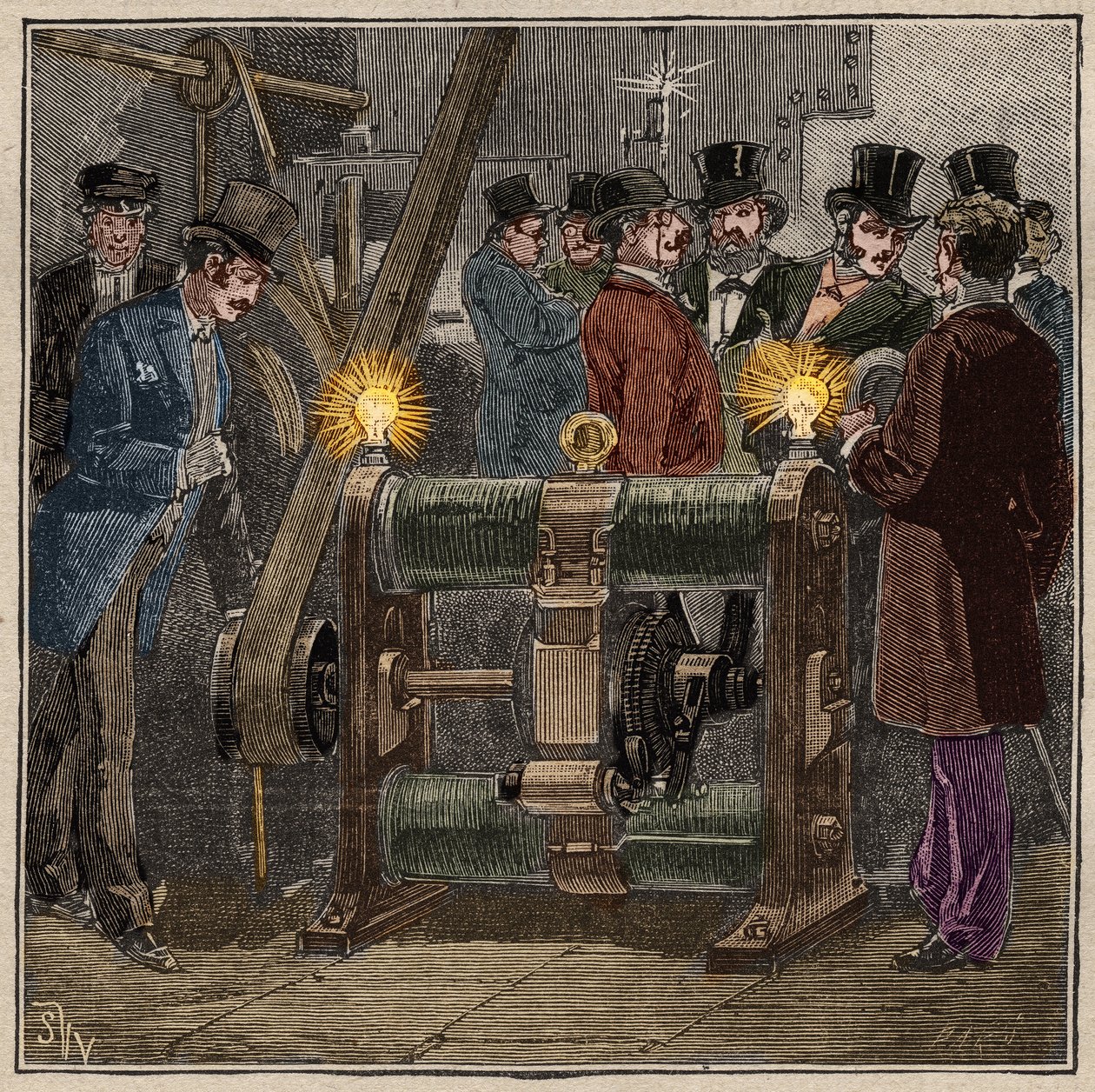 Machine électrique dynamo de type Gram produisant du courant continu, expérience électrique dans la salle des machines du Conservatoire des arts et métiers de Paris (vers 1881). Gravure de 1885 dans « Les arts et métiers illustrés » par Adolphe Bitard. - French School