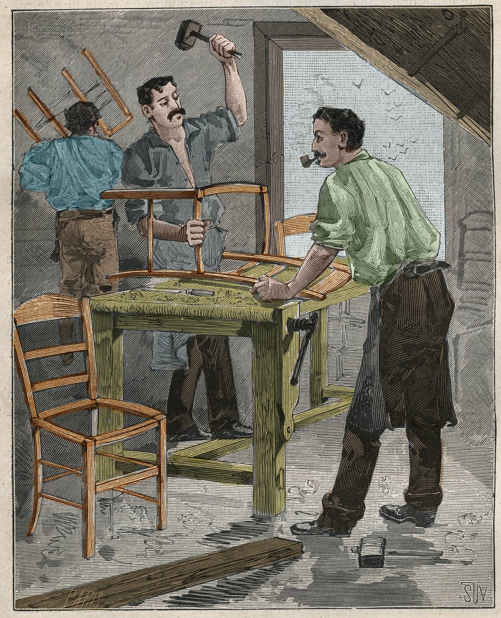 Ébénisterie : assemblage de chaises au XIXe siècle en France. Gravure de 1885 dans « Les arts et métiers illustrés » par Adolphe Bitard. - French School