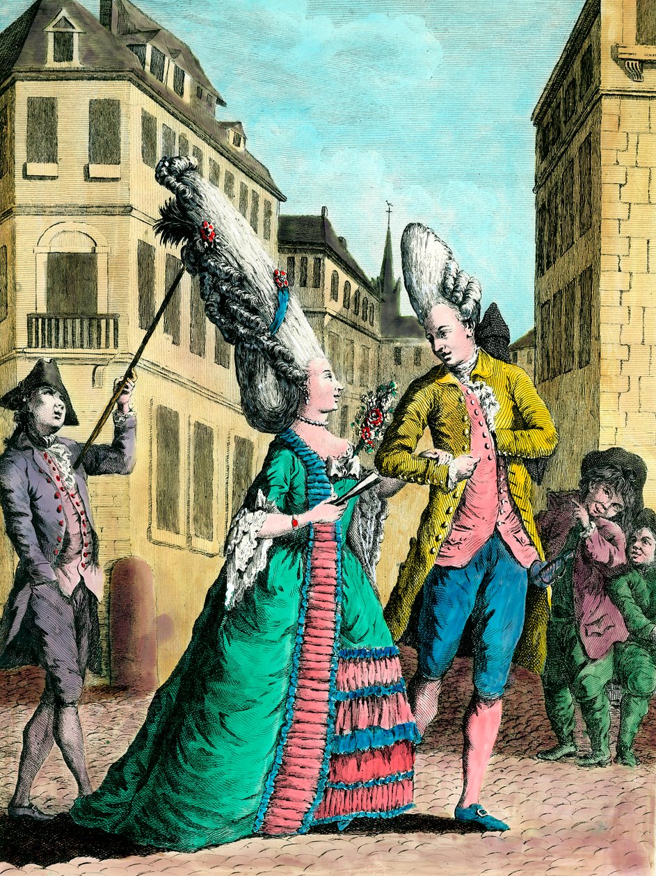 Coiffures excentriques au XVIIIe siècle: la Française en promenade. Gravure du XVIIIe siècle. Collection privée. - French School