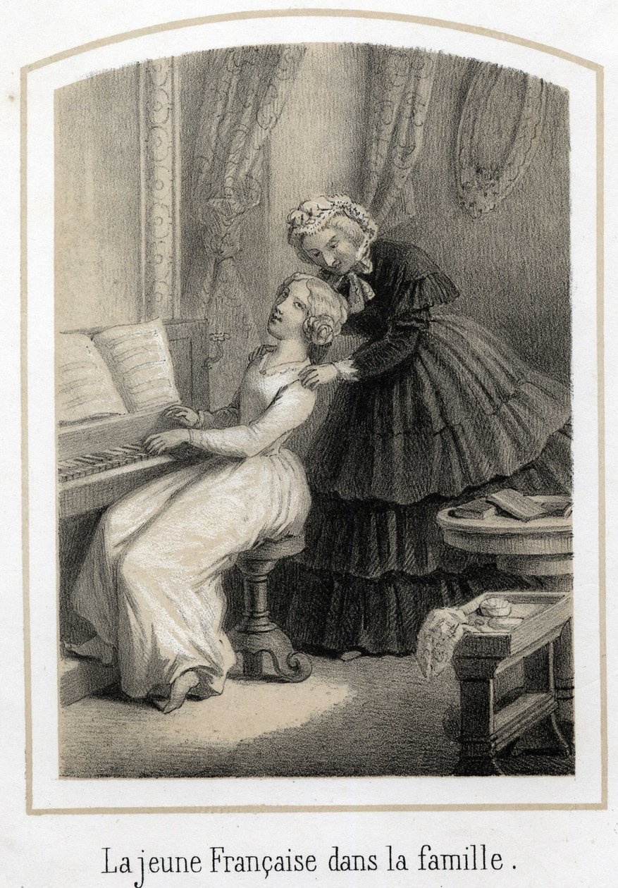 Éducation des jeunes filles de bonnes familles : une jeune Française assise au piano est reprise par sa gouvernante. Gravure anonyme du XIXe siècle - French School