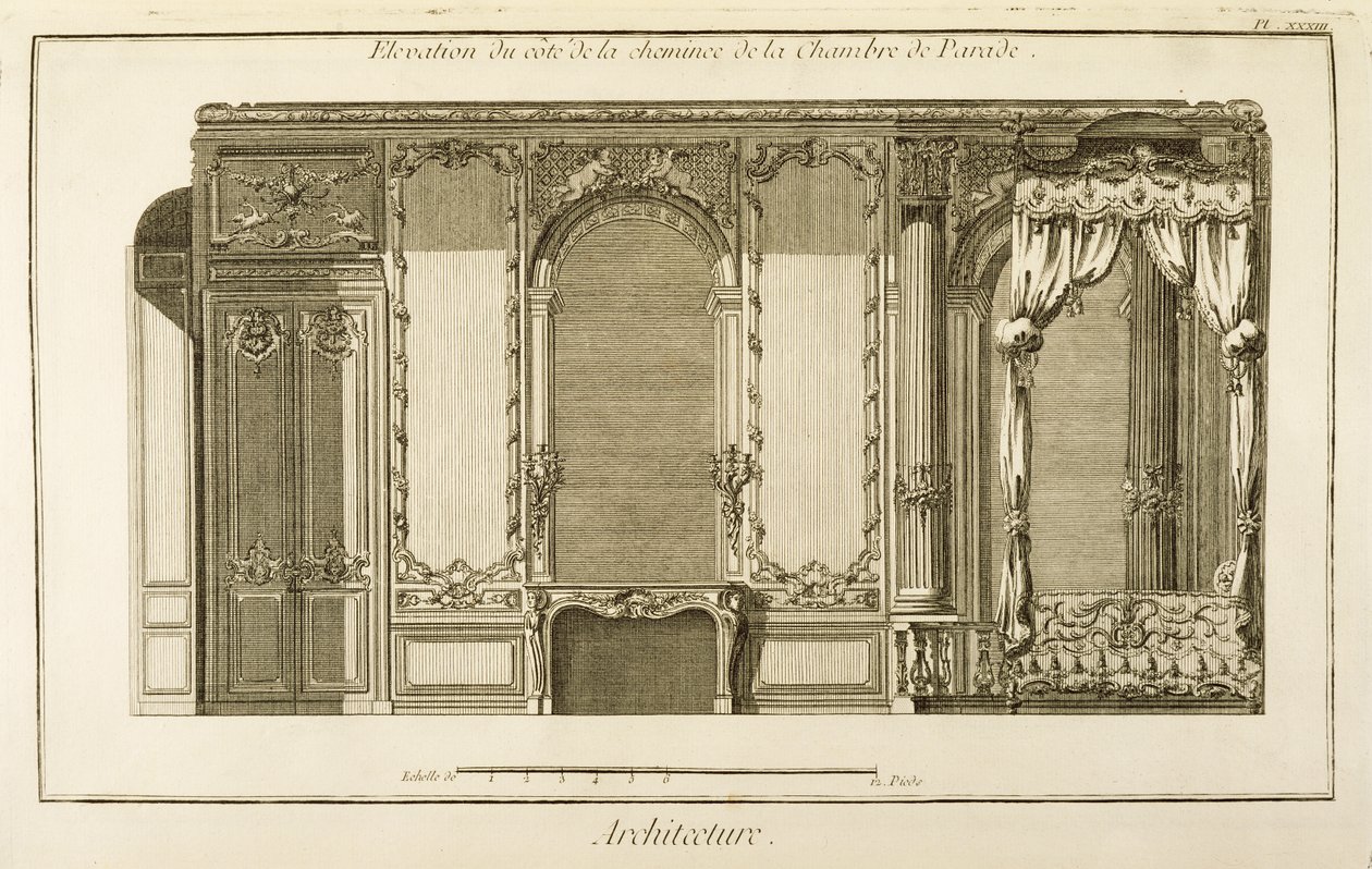 Élévation de la section de la cheminée de la Chambre de Parade, dans l