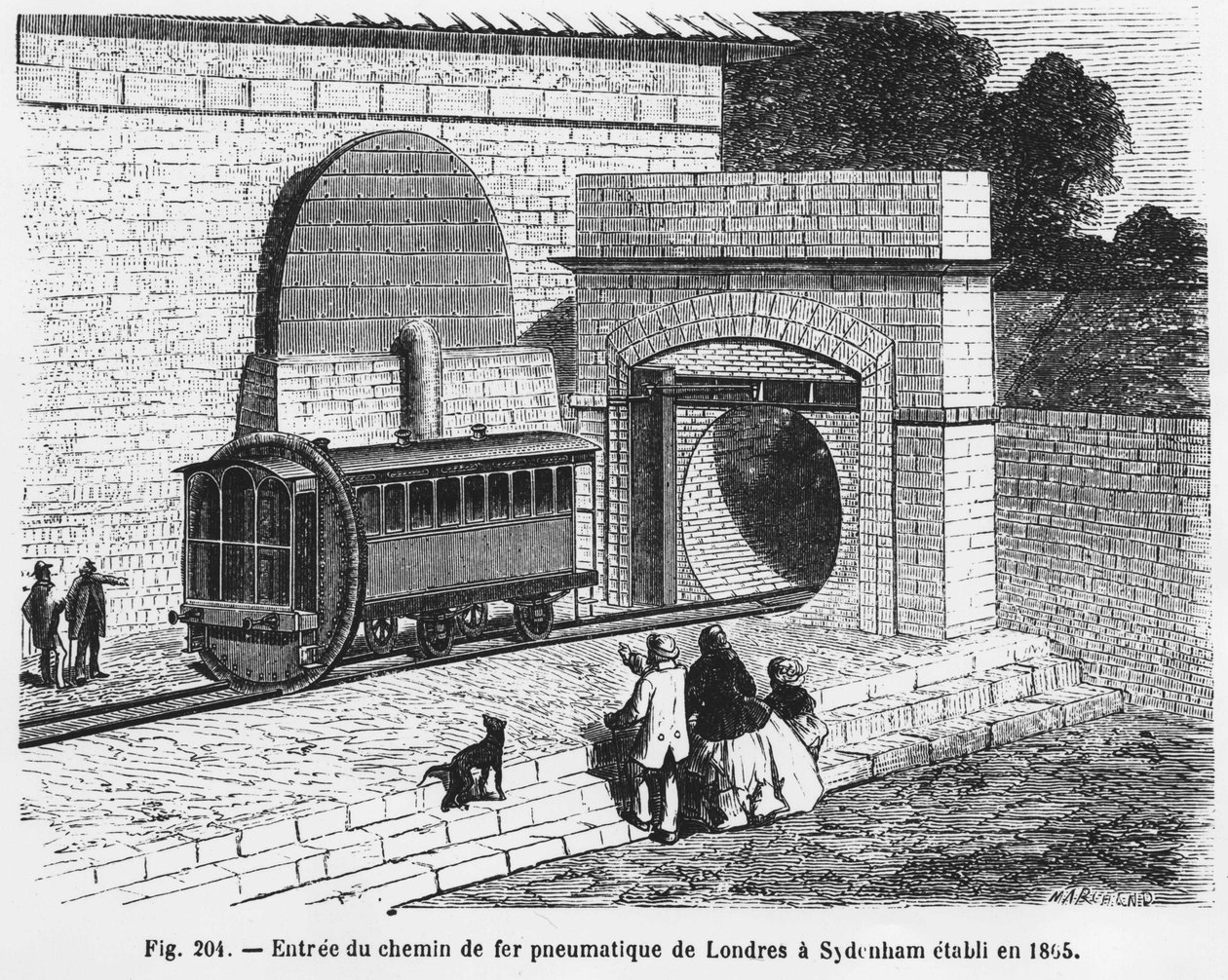 Entrée du chemin de fer pneumatique de Londres à Sydenham, établi en 1865 - dans « Les Merveilles de la Science », par L. Figuier - French School