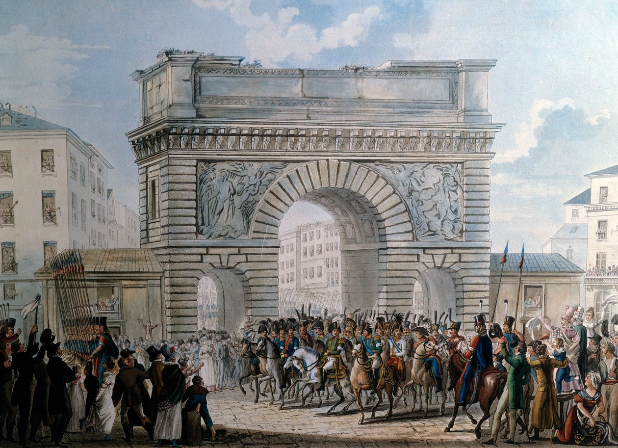 Entrée des alliés à Paris par la Porte Saint Martin le 31/03/1814. Louis XVIII (1755-1824) en parade - French School