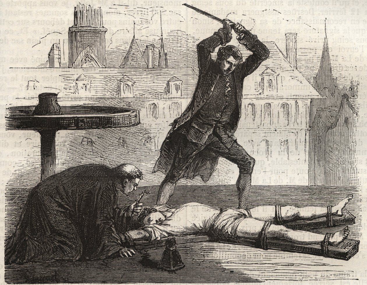Exécution (Le supplice de la roue) du poisonneur Antoine-François Desrues (1744-1777) sur la Place de Grève à Paris en 1777 - Supplice de Desrues, rompu sur la roue sur la Place de Grève à Paris - French School
