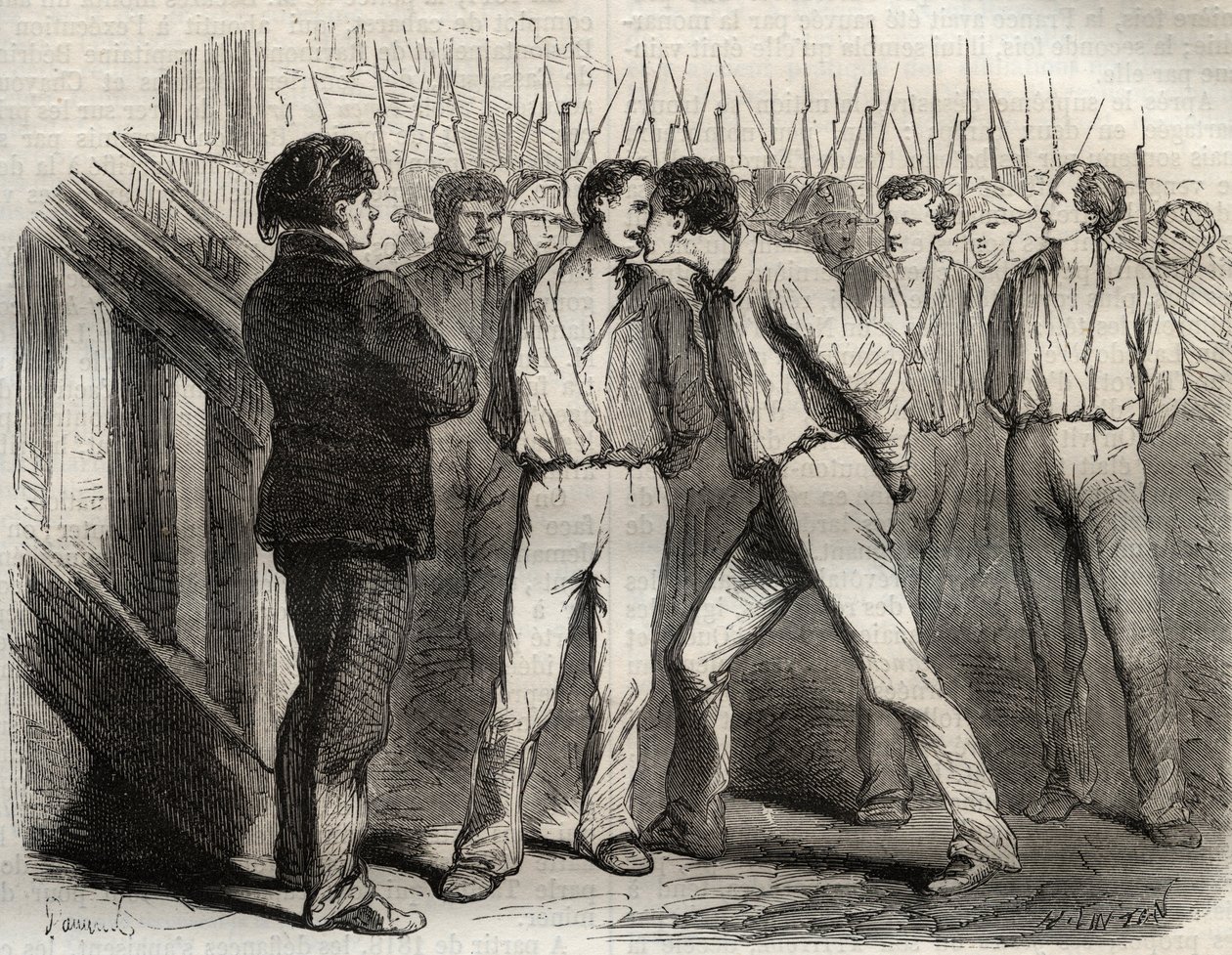 Exécution des quatre sergents de La Rochelle le 21 septembre 1822 : Bories, Raoulx, Gaubin, Pommier - Raoulx, qui devait passer le premier, demanda à embrasser ses camarades - Gravure dans « Causes célèbres de tous les peuples » par Armand Fouquier - French School