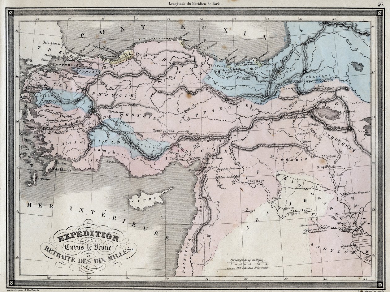 Expédition de Cyrus le Jeune (5ème siècle av. J.-C.) et retraite des dix mille - Planche extraite de « Atlas universel de géographie ancienne et moderne pour les écoles résidentielles » par Vuillemin - vers 1845 - French School