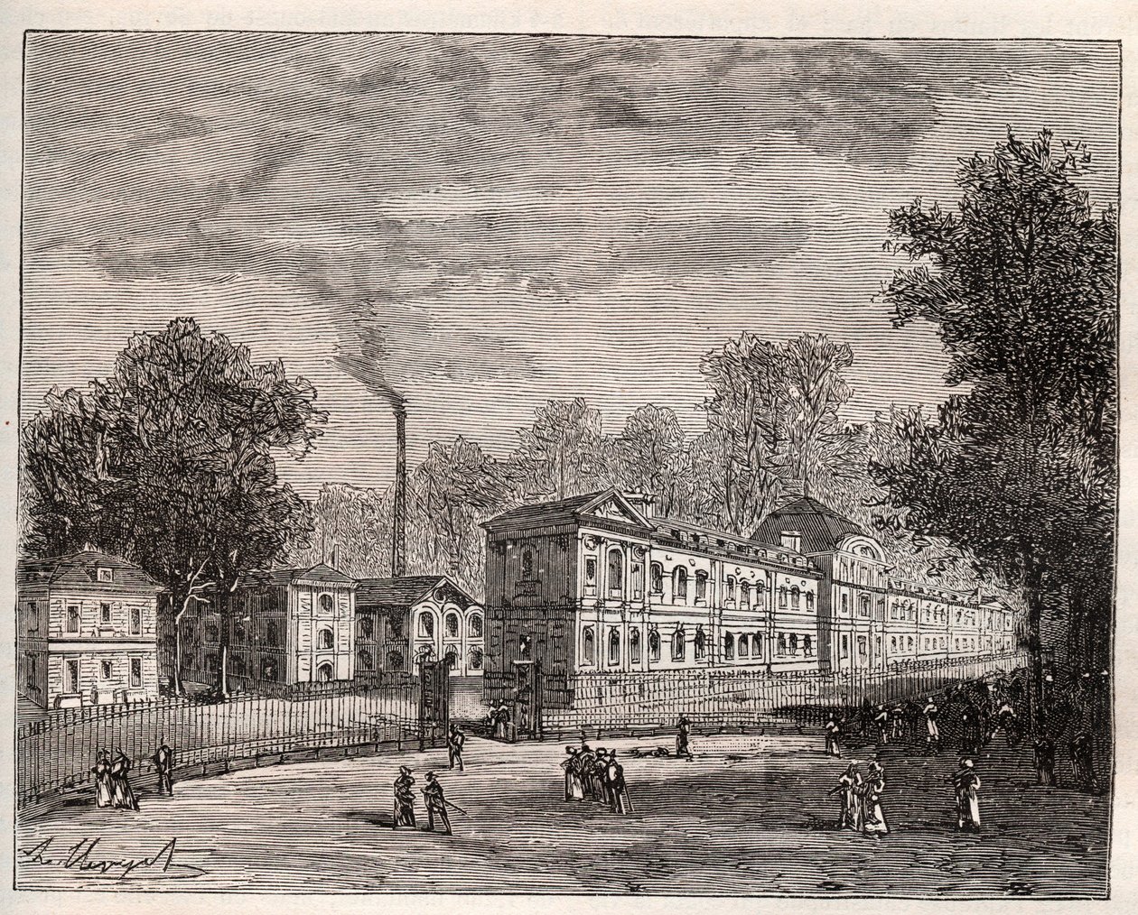 Vue extérieure de la Manufacture impériale de porcelaine de Sèvres, construite dans le parc de Saint-Cloud selon les plans de l