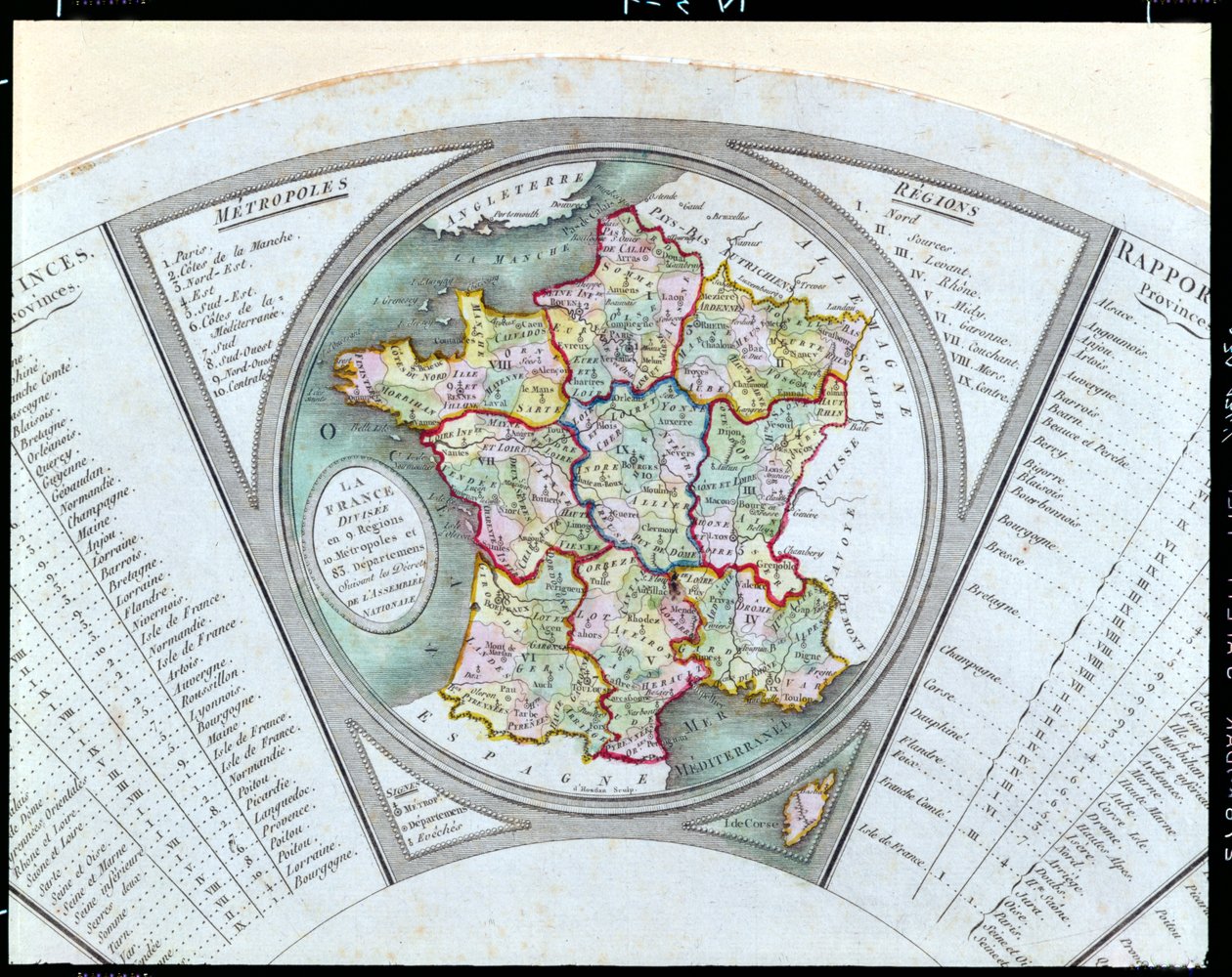 Éventail représentant la Carte de France divisée en 9 régions, 10 métropoles et 83 départements, 1790 - French School